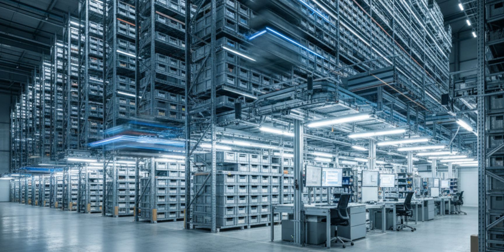 Automated small parts warehouse (AS/RS) with storage and retrieval machines and picking workstations, represented in a modern logistics center with blue light trails of movement